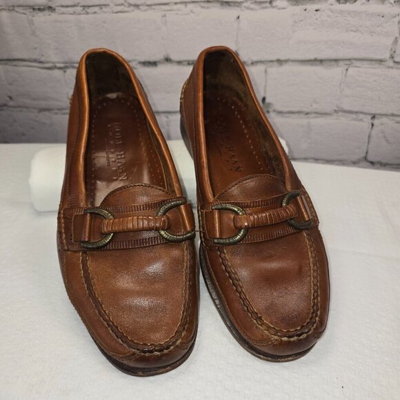 COLE HAAN BROWN LEATHER SLIP ON LOAFERS WITH FAUX BUCKLE TOE DETAIL SIZE 8 MENS - Picture 1 of 9